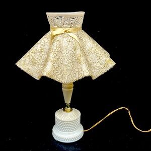 Vintage50’s hobnail milk glass & wood boudoir lamp with plastic ruffle dress…